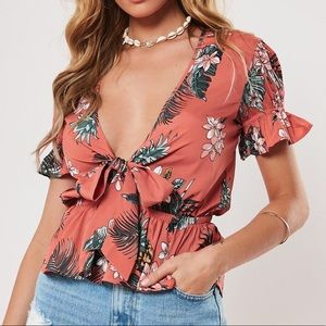 Coral floral print plunge tie front top